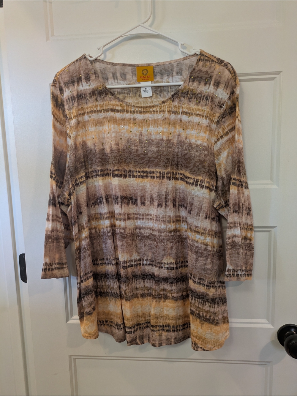 🔴 3/$15  Ruby Rd. Striped Tie-Dye Tunic Top - Brown, Tan & Cream